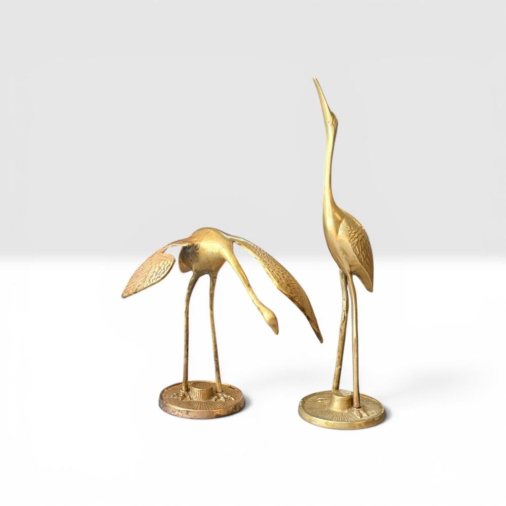 Vintage Solid Brass Crane Sculptures Pair Egret Heron Bird Figurines Set Boho